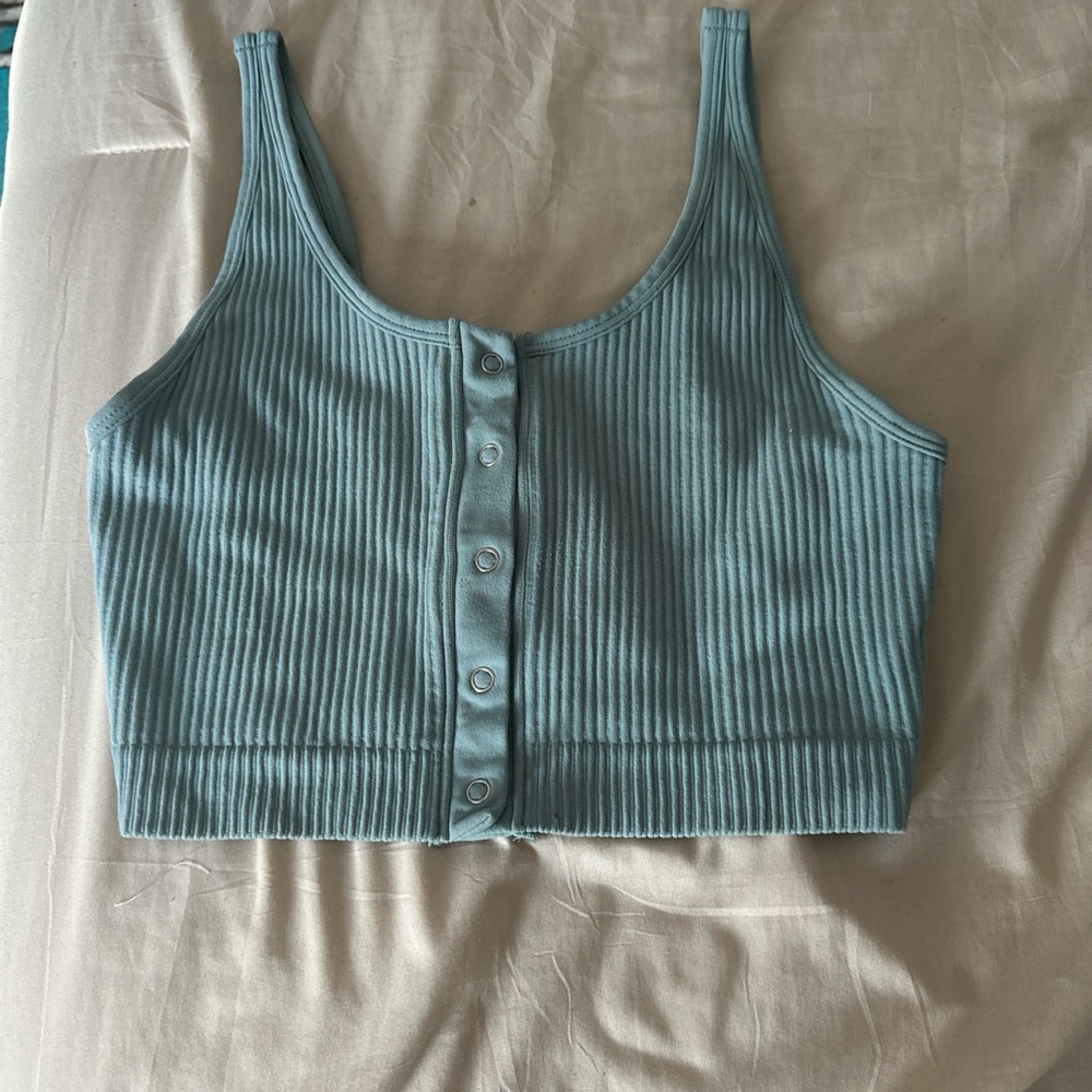 Topshop Teal Ribbed Button-Down Tank Top